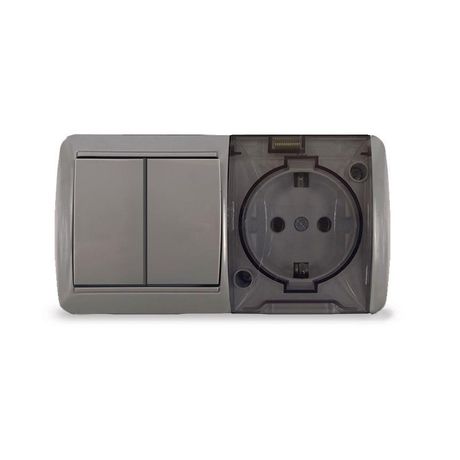 Блок ОП Клио 2-кл. выкл. 10А + розетка 1-м 16А 250В с заземл. прозр. крышкой сер. Universal К2239-Gr Союз