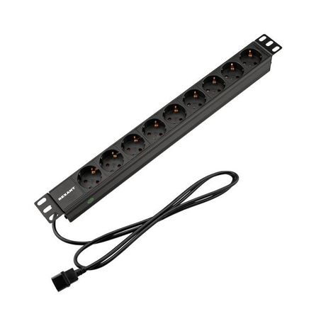 Блок распределения питания для 19дюйм шкафов; горизонт.; 9 розеток СЕЕ 7/4; 10А; без выключателя; вилка C14; шнур 2м; корпус алюм. Rexant 04-0305-1 MEET