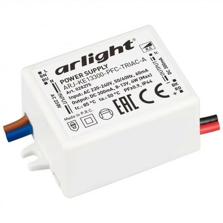 Блок питания ARJ-KE13300-PFC-TRIAC-A (4W, 300mA) (Arlight, IP44 Пластик, 5 лет) | 028275 Arlight