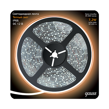 Лента светодиодная LED 5050/30-SMD 7,2 Вт/м 330 Лм/м 2700К теплый белый IP66 12 В DC 10 мм (блистер 5 м) Black Gauss - 311000107