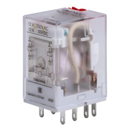 Реле миниатюрное промышленное общего назначения, 2CO, ком. ток 12А, AgSnO2, напряжение 230V AC, опция: тест-кнопка+светодиод | IR-230AC-W2CO-D DKC ДКС