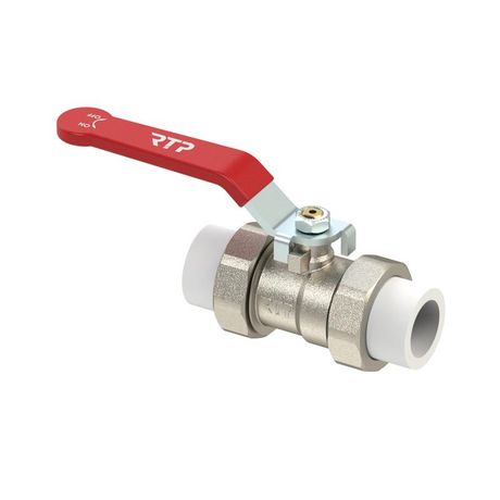 Кран шаровой ручка рычаг латунь с двумя переходами на трубу PPR 50 никель RTP 34667