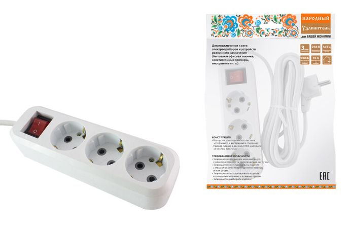 Удлинитель народный УН03В выключатель, 3 гнезда, 7метров, с/з, ПВС 3х0,75мм2 10А/250В | SQ1303-1103 TDM