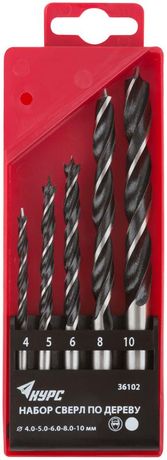 Набор сверл по дереву 4; 5; 6; 8; 10мм пластик. бокс (5 предметов) КУРС 36102