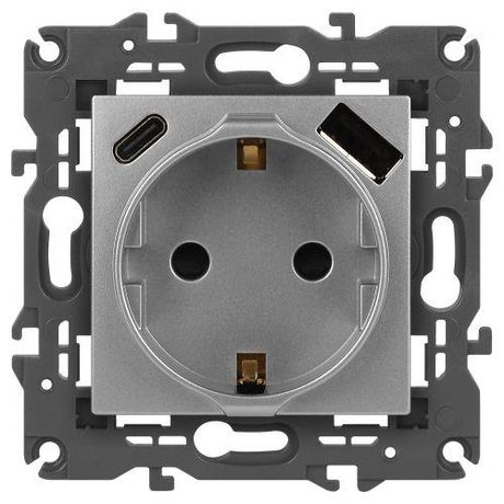 Розетка 1-м СП Elegance 14-4108-03 16А 250В 2P+E с USB type-A+C 5В-3А защ. шторки алюм. Эра Б0067741