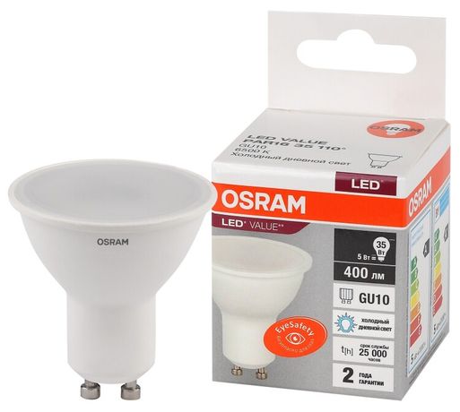 Лампа светодиодная LED 5 Вт GU10 6500К 400Лм спот 220 В (замена 35Вт) OSRAM - 4058075581395