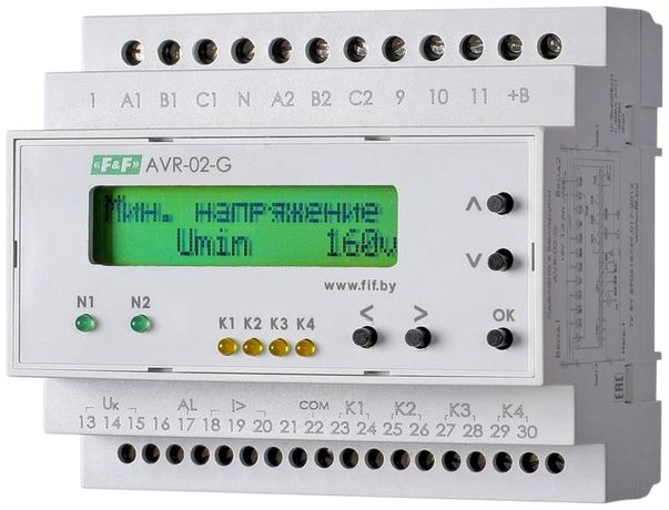 Устройство управления резервным питанием AVR-02-G (2 ввода однофункц. (для работы с генератором) ЖКИ индикатор 35мм 3х400В+N 5х8А 5P IP20 монтаж на DIN-рейке) F&F EA04.006.005 Евроавтоматика