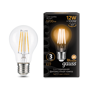 Лампа светодиодная филаментная LED 12 Вт 1200 лм 2700К AC185-265В E27 А60 (груша) теплая Black Filament Gauss - 102902112