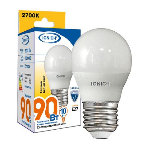 Лампа светодиодная G45 10Вт "Шар" 2700К Е14 230В тепл. бел. IONICH 1802