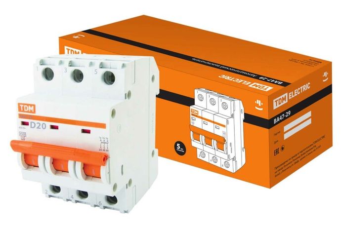 Выключатель автоматический ВА47-29 трехполюсной 20А 4,5кА характеристика D - SQ0206-0174 TDM
