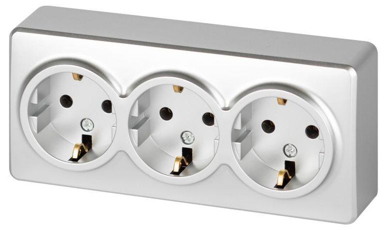 Розетка однофазная тройная наружная (открытой установки) с заземлением со шторками алюминий 16А 250В IP 20 винтовые клеммы 11-2208-03 Эра Эксперт - Б0063010