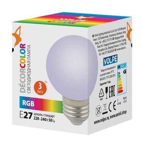 Лампа декоративная светодиодная LED-G60-3W/RGB/E27/FR/С Форма шар матовая.Цвет RGB Картон ТМ Volpe - UL-00006960 Uniel