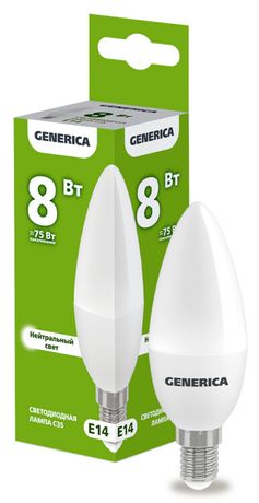 Лампа светодиодная C35 свеча 8Вт 230В 4000К E14 | LL-C35-08-230-40-E14-G GENERICA IEK