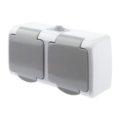 Розетка Intro Atlantic 5-203-03 двойная с заземлением 2х2P+E Schuko, 16А-250В, IP54, открытой установки, серый ЭРА - Б0051060