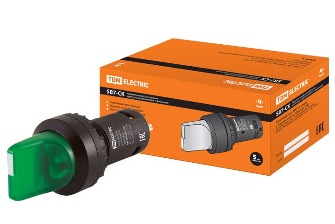 Переключатель на 3 положения с фиксацией SB7-CK3365-220V короткая ручка(LED) d22мм 1з+1р зеленый TD | SQ0746-0065 TDM
