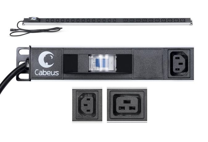 Блок розеток для 19дюйм шкафов PDU-16-14C13-10C19-B-C14 вертик. 10 IEC 320 C19 14 C13 10А автомат защиты алюм. корпус шнур с вилкой С14 2м Cabeus 9553c