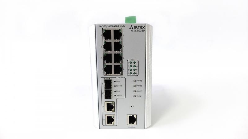 Коммутатор Ethernet 8х10/100/1000Base-T (PoE/PoE+) 2хcombo 10/100/1000Base-T/1000Base-X L2 48 (45-57) VDC ELTEX MES3508P