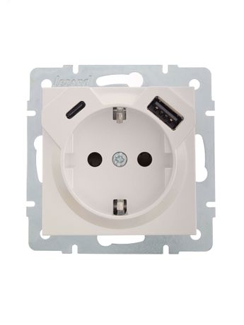 Розетка 1-м СП Vesna с заземл. заряд. устройством USB + тип C механизм жемчуж./бел. перламутр LEZARD 742-3088-181TC