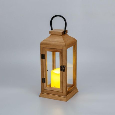Фонарь декоративный 15х15х38см тепл. бел. со свечкой корпус из дерева корич. Neon-Night 513-074