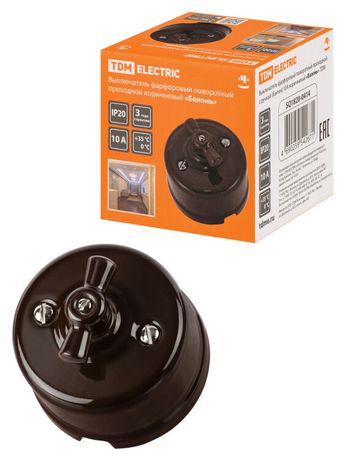 Выключатель фарфоровый поворотный проходной с ручкой (бантик) 10А коричневый «Болонь» | SQ1820-0414 TDM