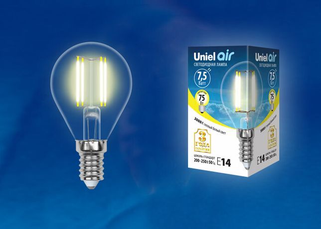 Лампа светодиодная LED-G45-7,5W/WW/E14/CL GLA01TR LED. "шар", прозр серия Air. 3000K | UL-00003250 Uniel