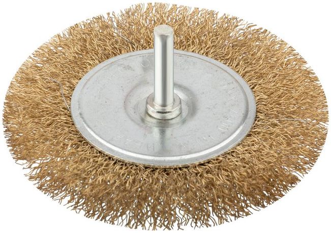 Корщетка дисковая прямая со шпилькой стальная латунированная волнистая проволока 100мм КУРС 38465