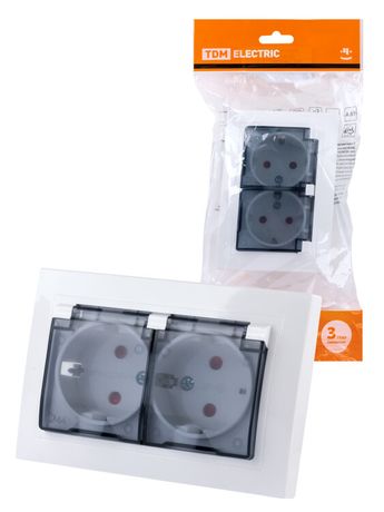 Розетка двойная 2П+З с защ. шт. и прозрачной крышкой 16А 250В IP44 белая "Таймыр" | SQ1814-0077 TDM