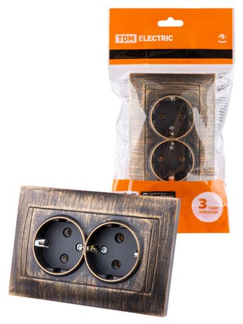 Розетка двойная 2П+З 16А 250В старинная бронза "Лама" | SQ1815-0766 TDM