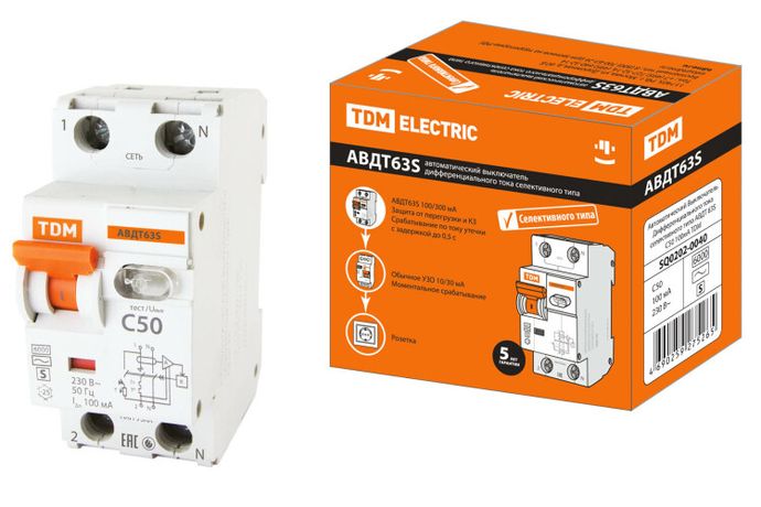 Выключатель автоматический дифференциального тока АВДТ 63S 1п+N 50А C 100мА тип AC | SQ0202-0040 TDM