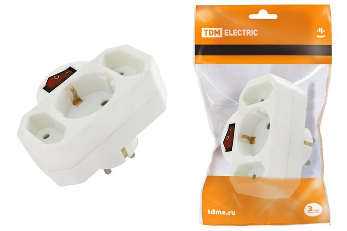 Блок на 3 гнезда с выключателем индикацией: 1x2П+3 16А+2х2П 2,5А под плоскую вилку 250B белый | SQ1806-0202 TDM