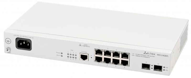 Коммутатор Ethernet 8 портов 10/100/1000 Base-T (PoE/PoE+) 2 порта Base-T/1000Base-X (SFP) 220В AC (бюджет PoE 65Вт) ELTEX MES2408PL