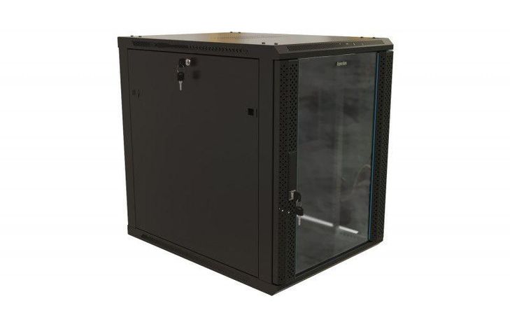 Шкаф настенный (19дюйм) 12U 650х600х800мм стеклянная дверь с перфорацией по бокам ручка замком (RAL 9004) (разобранный) TWB-1268-GP-RAL9004 черн. Hyperline 480824