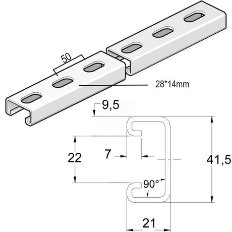 Монтажный профиль, высота - 21 мм, ширина 41 длина 1400 толщина 2,5 кратность 1шт, SZ Оцинкованная сталь (методом Sendzimir) MP41.21.250.1400S VERGOKAN