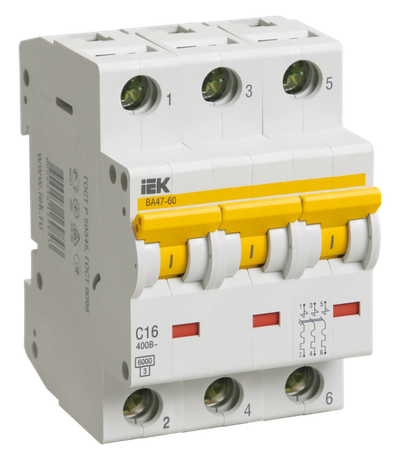 Выключатель автоматический модульный 3п C 16А 6кА ВА47-60M KARAT IEK MVA31-3-016-C MVA41-3-016-C