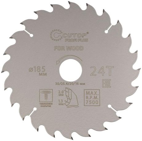 Диск пильный по дереву с тефлоновым покрытием 24Т, CUTOP Profi plus, 185 х 1,3/2,0 30/25,4/20/16 мм - 75-18524Т РОС