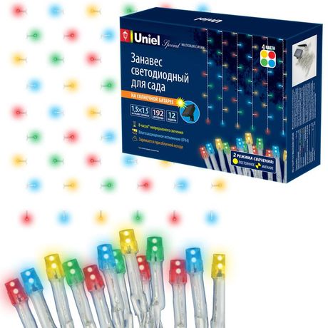 Занавес садовый на солнечной батарее USL-S-132/PT1515 MULTICOLOR CURTAIN 192 светодиода Разноцветный свет 1хАА Ni-Mh аккумулятор в/к IP44 - UL-00006539 Uniel