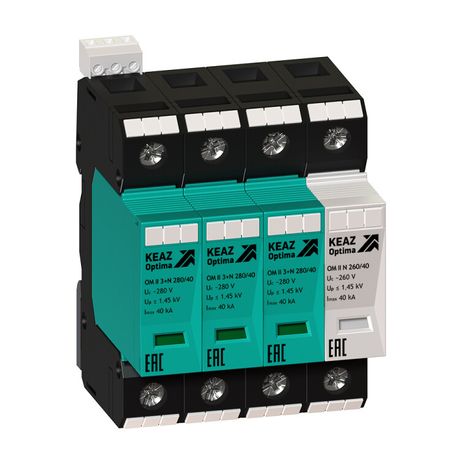 Ограничитель импульсных перенапряжений (УЗИП) 3П+N 40кА (класс II + III) OptiDin OM-II-3+N-280/40/R - 114313 КЭАЗ