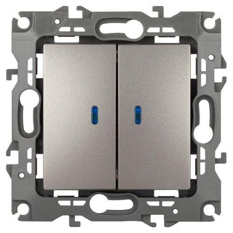 Выключатель двухклавишный скрытого монтажа с подсветкой титан 10А 250В автоматические (безвинтовые) ЭРА 12 12-1105-16 - Б0065719