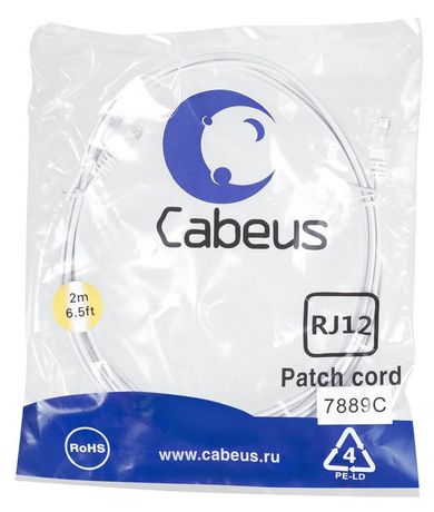 Патч-корд PC-TEL-RJ12-2m телефонный 2х6р4с, белый, PVC, 2 м - 7889c Cabeus