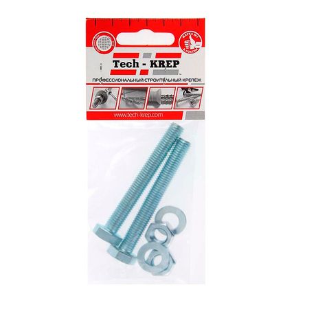 Болт DIN933 с шестигранной головкой оцинк. М8х100 + гайка шайба (2 шт) - пакет ( 0,091 кг) | 112725 Tech-KREP