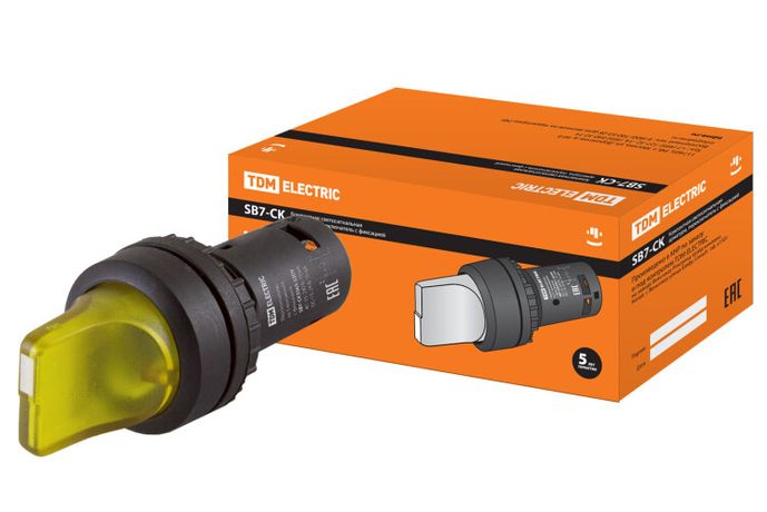 Переключатель на 3 положения с фиксацией SB7-CK3565-220V короткая ручка(LED) d22мм 1з+1р желтый | SQ0746-0069 TDM
