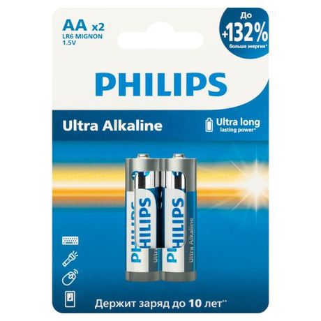 Элемент питания алкалиновый AA/LR6 1.5В Ultra (уп.2шт) Philips Б0064675 PHILIPS Элементы питания арт. Б0064675