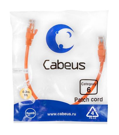 Патч-корд PC-UTP-RJ45-Cat.6-0.3m-OR U/UTP, категория 6, 2xRJ45/8p8c, неэкранированный, оранжевый, PVC, 0.3м - 8696c Cabeus