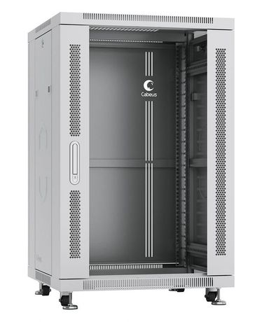 Шкаф монтажный телекоммуникационный напольный SH-05C-18U60/60 19дюйм 18U 600х600х988мм для распределит. и серверн. оборудования передн. стеклян. задн. сплошн. метал. двери ручка с замком RAL сер. Cabeus 7043c