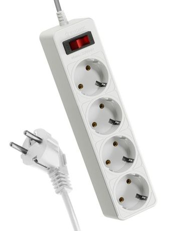 Удлинитель с сетевым фильтром 4х1.5м заземл. 10А IP20 2.2кВт 3х0.75 предохранителем выкл. индикатором сети КОСМОС FKsm1.5m-4g(W)