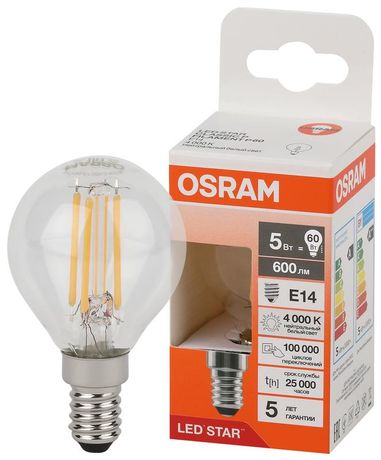 Лампа светодиодная филаментная LSCLP60 5W/840 230VFILCL 5Вт 4000К нейтр. бел. E14 600лм P угол пучка 300град. 220-240В (замена 60Вт) прозр. стекло OSRAM 4058075684447