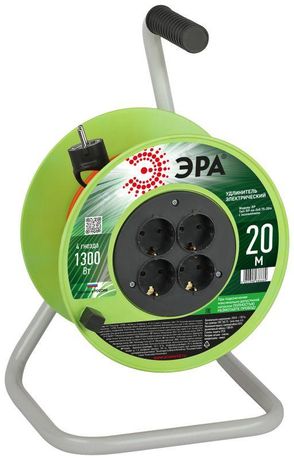 Удлинитель силовой RP-4e-3х0.75-20m на пластиковой катушке c заземлением 4 розетки 20м ПВС 3х0,75мм2 | Б0056096 ЭРА