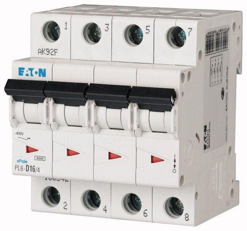 Выключатель автоматический 16А кривая отключения D 4 полюс отключающая способность 6 кА PL6-D16/4 - 166542 EATON