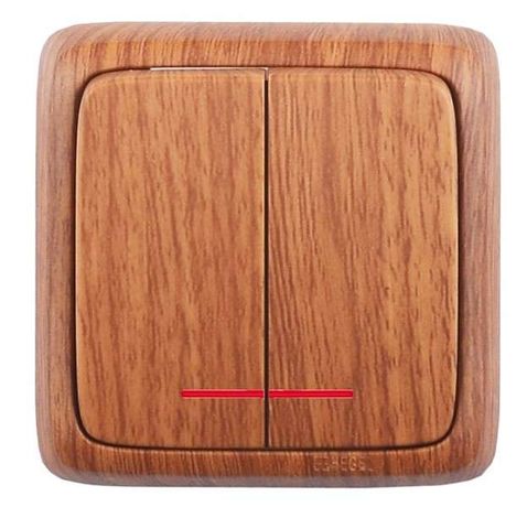 Выключатель двухклавишный наружный с изоляционной пластиной индикацией дуб 10А - ВА10-154-05 HEGEL