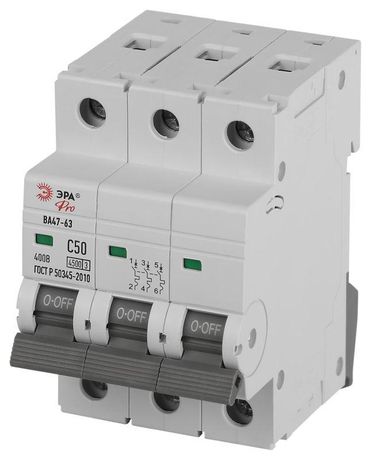 Автоматический выключатель PRO VA63-3P50C4.5 ВА47-63 3P 50А кривая C 4,5кА | Б0059442 ЭРА